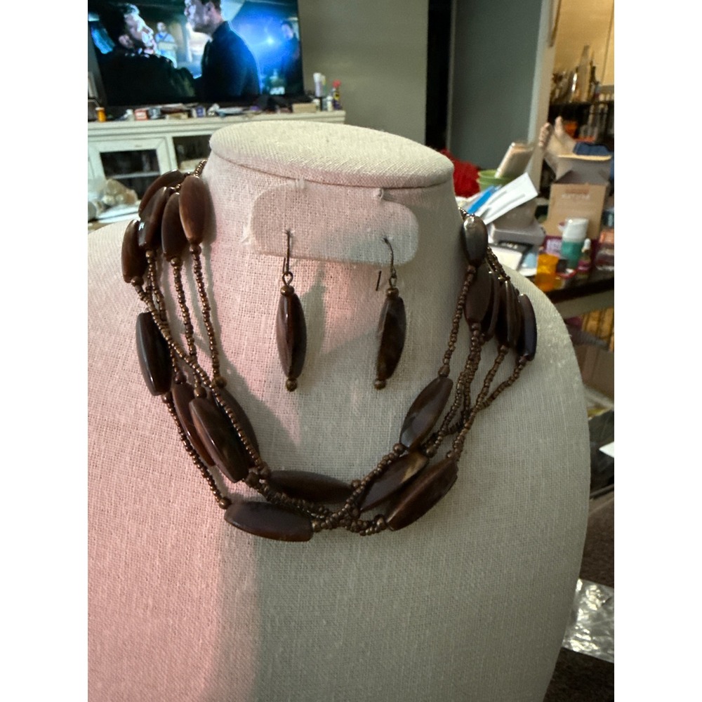 Brown Marbled Multi Strand Bib Necklace and Drop Earring Set Bronze Tone